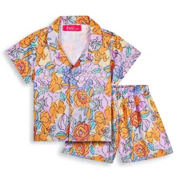 Tilism Knit Half Sleeves Floral Printed Coordinating Shirt & Shorts Night Suit Set - Multi Colour-picture-31