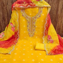 KALINI Yellow Chanderi Cotton Digital Print With Coding Work Unstitched Dress Material image 2