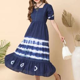 Globus Blue & White Cotton Tie - Dye Midi Dress-image-23