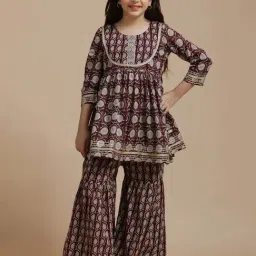 Jaipur Kurti Girls Wine Cotton Printed Suit Sets-image-72
