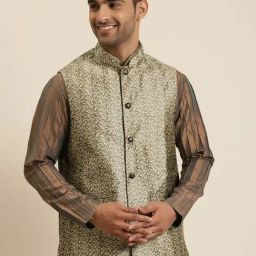 SOJANYA Grey & Gold Comfort Fit Embroidered Nehru Jacket-image-11