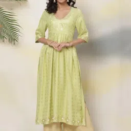 Biba Green Printed A Line Rayon Kurta-picture-12