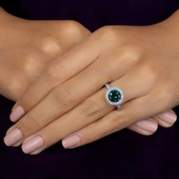 925 Silver 1.5 Ct Green Emerald and American Diamond Solitaire Halo Ring for Women & Girls-image-68