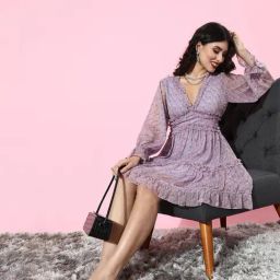 QUIERO Lavender Printed Fit & Flare Dress-image-44