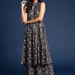 Taavi Kalamkari Printed Pleated Mandarin Collar Pure Cotton Kurta with Palazzos-image-9