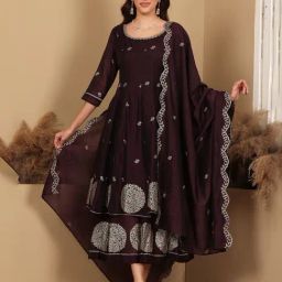 W Wine Floral Print Kurta With Dupatta-image-3