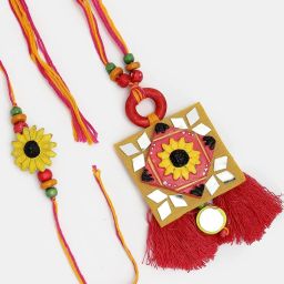 NVR Red & Yellow Mirror Work Handcrafted Bhaiya Bhabi Rakhi with Roli Chawal - Set of 2 image 5