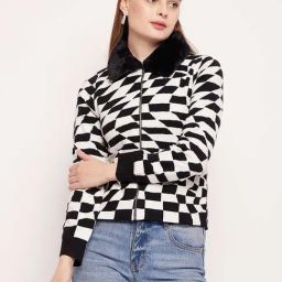 MADAME Off WhiteGeometric Full Sleeves Cardigan-image-66