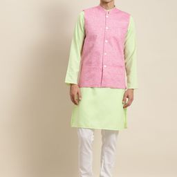 SOJANYA Men Green & White Solid Kurta with Churidar & Nehru Jacket-18