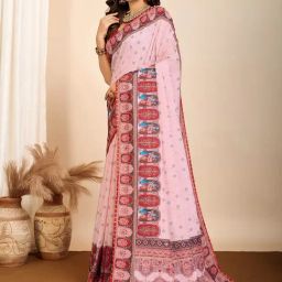 Satrani Pink Cotton Embroidered Saree With Unstitched Blouse-image-61
