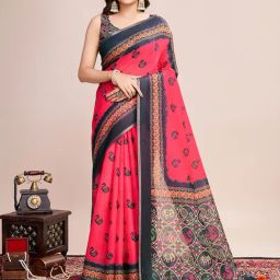 Satrani Red Linen Printed Saree With Unstitched Blouse-picture-10