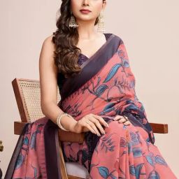 Satrani Pink Linen Kalamkari Saree With Unstitched Blouse image 5