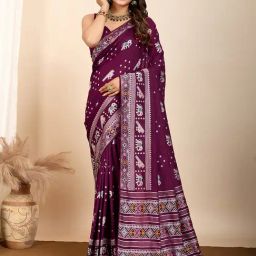 Satrani Wine Silk Woven Saree With Unstitched Blouse-image-8