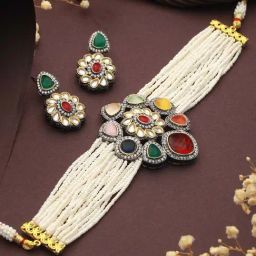 Saraf RS Jewellery Gold-Plated Multicolored & Pearl Beaded Polki Choker Jewellery Set-image-82