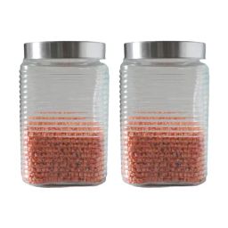 Femora Embossed Line Glass Square Kitchen Storage Jar With Airtight Steel Lid 1700ml - Set of 2-41