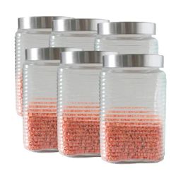Femora Embossed Line Glass Square Kitchen Storage Jar With Airtight Steel Lid 1700ml - Set of 6-32