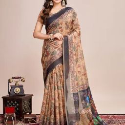 Satrani Multi Linen Kalamkari Saree With Unstitched Blouse-picture-47