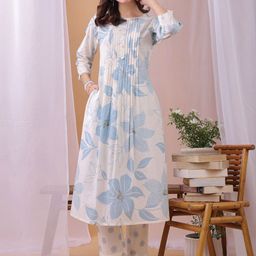 Saanjh Women Floral Printed Regular Pure Cotton Kurta with Trousers-picture-53