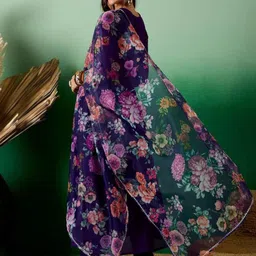 JAPNAAM Yoke Design Pleated Sequinned Georgette A-Line Kurta With Trousers & Dupatta image 4