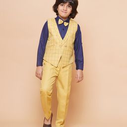 Rikidoos Full Sleeves Solid & Checked 4 Piece Shirt & Pant Set - Yellow-image-5