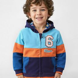 Babyhug Cotton Knit Full Sleeves Front Open Hooded Sweatjacket with Cut & Sew Design & Patch Detailing - Navy Blue-image-47