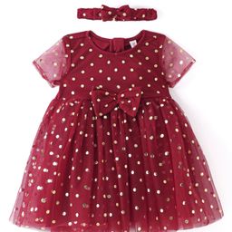 Babyhug Woven Half Sleeves Fit and Flare Party Frock Polka Dot Foil Print & Bow Applique With Headband  - Red-image-1