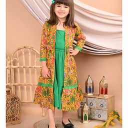 Superminis Cotton Solid Dress With   Three Fourth Sleeves Floral Printed Shrug  - Yellow-image-93