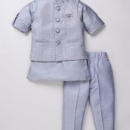 LITTLE COLLARS Silk Full Sleeves Solid Kurta Pyjama With Sequin Embroidered Jacket - Grey-image-12