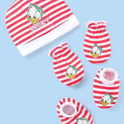 Babyhug Disney Interlock Knit Striped Cap Mittens & Booties Set with Donald Duck Graphics - Red & White-image-79