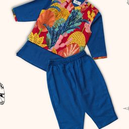 Peekaaboo Cotton Full Sleeves Solid Coordinating Kurta & Pyjama With Trees Printed Jacket - Blue-image-53