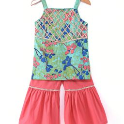 Ridokidz Sleeveless Floral Printed Lace Embellished Kurta With Sharara - Light Green & Peach-image-94