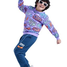 Ollington St. 100% Cotton Knit Full Sleeves Sweatshirt & Joggers Set with Text Print - Purple-picture-6
