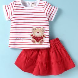 ToffyHouse Cotton Knit Half Sleeves Striped Top & Skirt Set With Teddy Bear Patch - Red-image-7