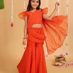 MASTARANG Flutter Sleeves Ethnic Embroidered Top With Striped Sharara & Half Saree Set - Orange-image-55
