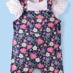 Babyhug Single Jersey Knit Half Sleeves Polka Dots & Floral Printed Top & Dungaree Style Romper with Frill Detailing - Navy & White-image-75