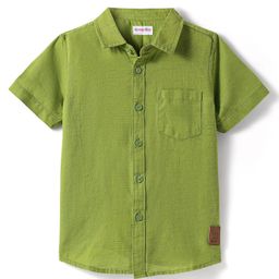 Kookie Kids Cotton Linen Woven Half Sleeves Slim Fit Solid Shirt with badge - Lime Green-image-84
