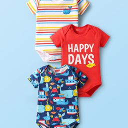Babyhug 100% Cotton Knit Half Sleeves Onesies With Text Graphics Pack Of 3 - Blue Red & White-image-26