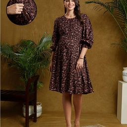 MomToBe Rayon Three Fourth Puffed Sleeves Floral Printed Maternity Dress With Nursing Access - Multi Colour-image-51
