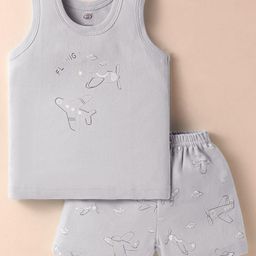 Zero Interlock Knit Sleeveless Shorts Nightsuit with Airplane Print - Light Grey-image-82