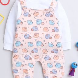BUMZEE Cotton Knit Elephants Printed Dungaree with Solid Full Sleeves T-Shirt - Peach & White-image-26