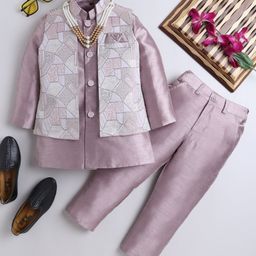 Ahhaaaa Brocade Full Sleeves Solid Kurta Pyjama With Abstract Embroidered Jacket & Maala Set - Purple-image-87