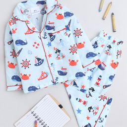 Knitting Doodles Pure Cotton Woven Full Sleeves Nautical Theme Printed Coordinating Shirt & Pajama Set - Blue-image-75