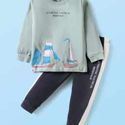 CUCUMBER Sinker Knit Full Sleeves Night Suit With Boat Print - Mint Green-image-61