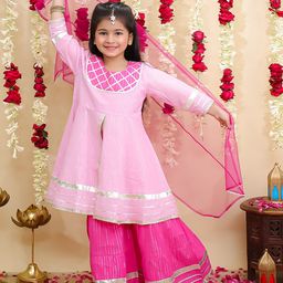 BownBee Pure Cotton Lurex Woven Three Fourth Sleeves Foil Striped Gota Lace Embellished Coordinating Kurti Sharara With Dupatta Set - Pink-image-12
