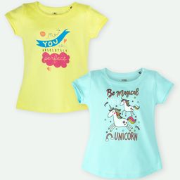 Ariel Cotton Knit Pack Of 2 Half Sleeves Unicorn & Typography Printed Tops - Yellow & Sky Blue-image-65