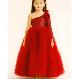 Tilism Woven One Shoulder Sleeves Floral Applique & Ruffle Detailed Gown - Red-image-29