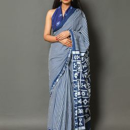 JAIPURI PRINT Pure Cotton Striped Saree with Blouse-image-70