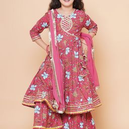 Bitiya by Bhama Girls Floral Printed Cotton Kurta with Sharara & Dupatta-image-37