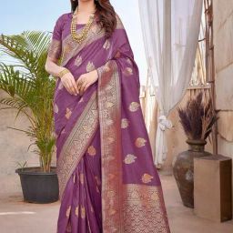 Satrani Purple Woven Saree With Unstitched Blouse-image-60