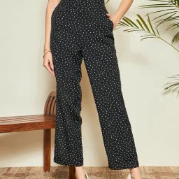 KASSUALLY Black & White Cotton Printed Regular Fit High Rise Trousers-37
